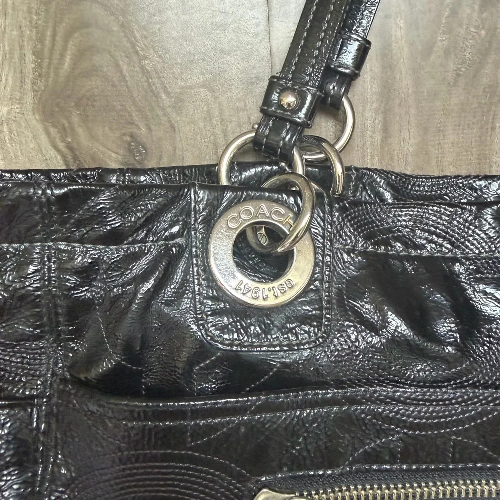 Coach Black Leather Signature-Pattern Tote with Silver Hardware diaper bags